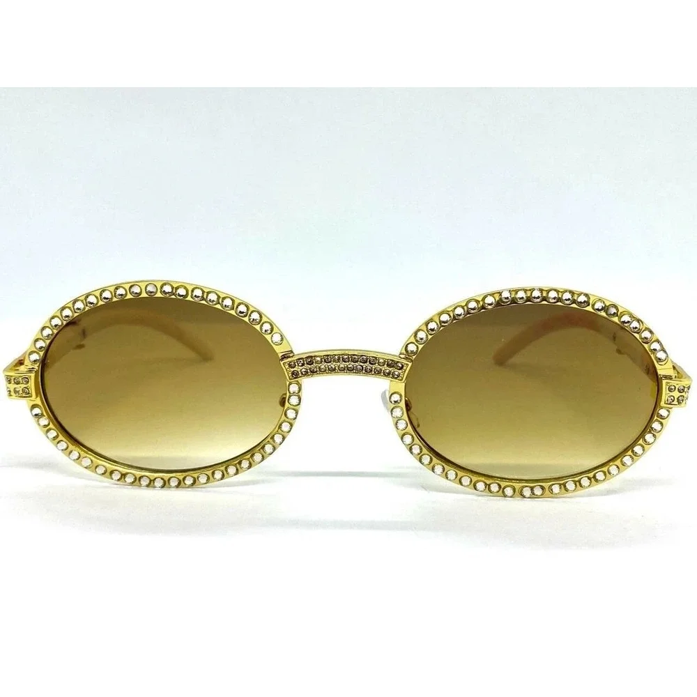 Rhinestone Sunglasses Oval Frame Gold Tone Brown Lens Fashion‎ Shades Men Iced